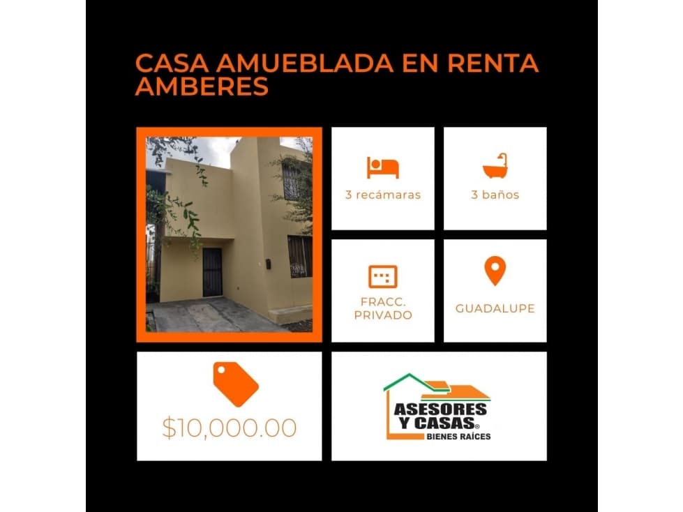CASA EN RENTA AMUEBLADA EN FRACC AMBERES $10MIL X MES GUADALUPE - 1